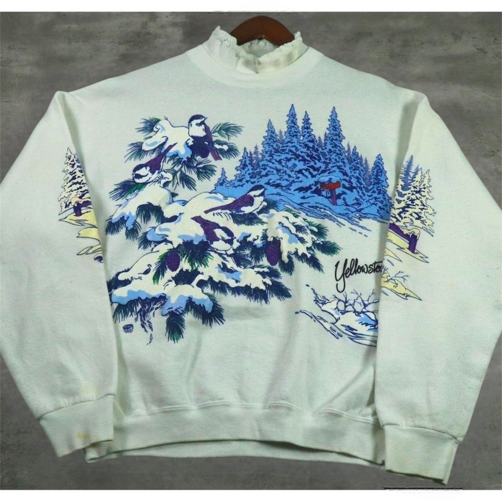 Vintage Top Notch Sweatshirt Womens XL White Birds Winter Lace Trim 90s Graphic
